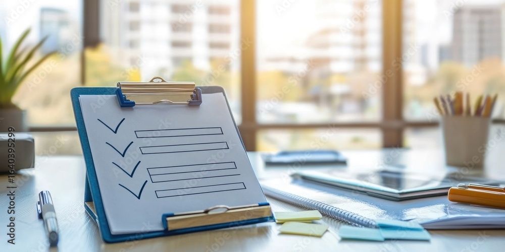 Poster a workspace with a checklist on a clipboard, surrounded by office supplies and a window view of a ci