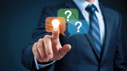 Businessman touches glowing idea bulb and question marks, symbolizing innovation and problem-solving in business