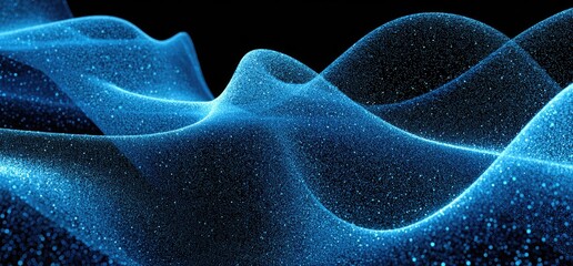Abstract digital waves of shimmering blue particles on a black background