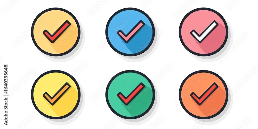 Poster six colorful checkmark icons with a shadow effect, arranged in a grid pattern on a white background.
