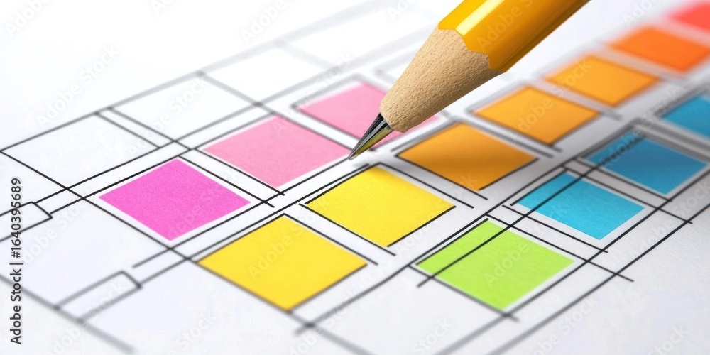 Poster a close-up of a colorful grid with a pencil marking a square, indicating a planning or design proces