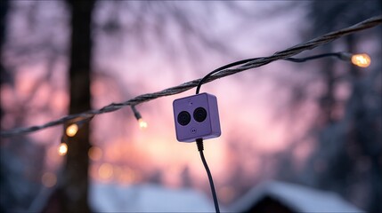 Obraz premium Small purple device with dual lenses attached to a string of warm glowing lights against a blurred winter landscape
