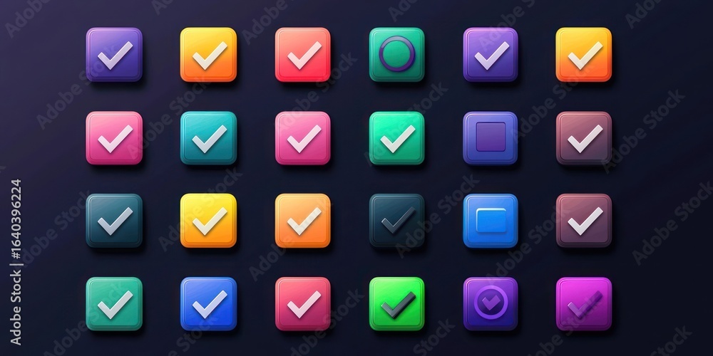 Poster a grid of colorful, glossy buttons with checkmarks, set against a dark background.