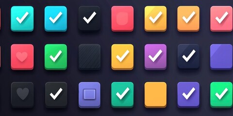 A grid of colorful buttons with checkmarks, arranged in a 4x5 pattern, against a dark background.