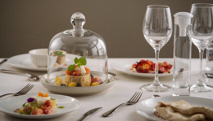 Photo of elegant dessert presentation on a beautifully set table with wine glasses ready for a fine dining experience
