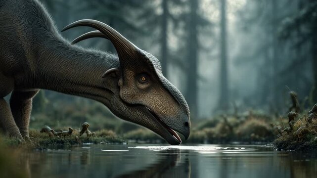 close-up of parasaurolophus drinking from a forest pond, reflection in water, surrounded by primitive amphibians, cinematic focus