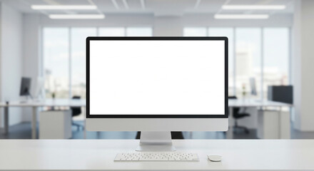 Modern office desktop computer with blank screen, ready for design or presentation.