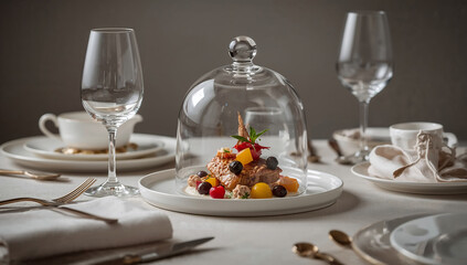 Photo of elegant dessert presentation with fresh fruit under a glass dome on a beautifully set table