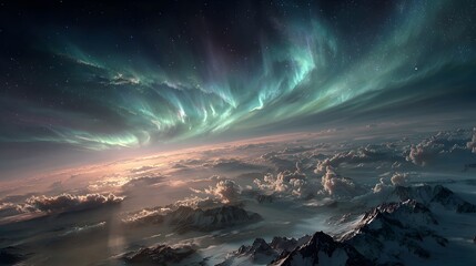 Naklejka premium Spectacular aurora borealis shines over alien planet landscape