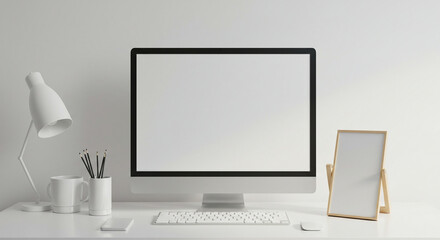 A clean, minimalist workspace featuring a computer monitor, lamp, and accessories, all arranged neatly.