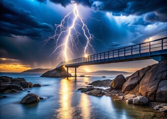 Fototapeta premium Precarious Bridge: Resilience in a Stormy Landscape - Minimalist Stock Photo