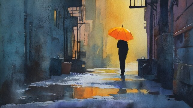 Silhouetted Person in City Alley with Orange Umbrella, Generative AI
