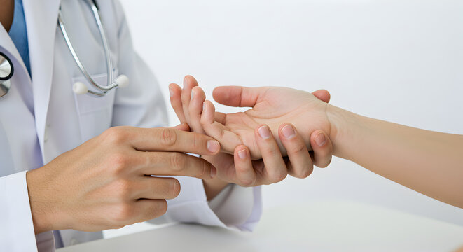 Doctor examining patient's hand during medical consultation, focusing on healthcare and physical therapy