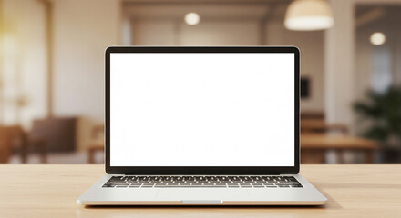 Modern laptop computer with blank screen, in a blurred modern interior setting.