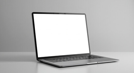 Sleek silver laptop with blank white screen sits on a minimalist grey surface.
