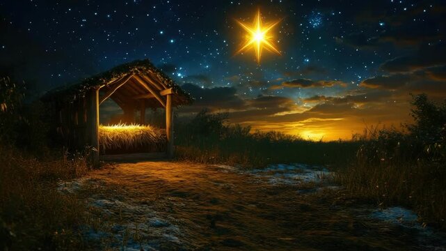 Peaceful night scene of empty manger with bright star overhead. Merry Christmas, Nativity, Xmas, Noel, Navidad - Global Winter Holiday, Christian Religious Celebration. Happy New Year