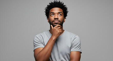 Pensive young African American man with hand on chin, looking up in deep thought. Thoughtful individual contemplating an idea against a grey studio background.