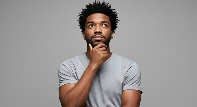 Pensive young African American man with hand on chin, looking up in deep thought. Thoughtful individual contemplating an idea against a grey studio background.