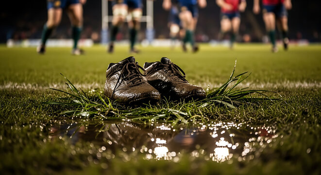Muddy rugby boots left on the field's white line, a symbol of a hard-fought game and a moment of rest