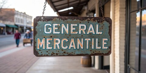 Obraz premium Exploring the charm of a vintage mercantile sign in a quaint downtown setting