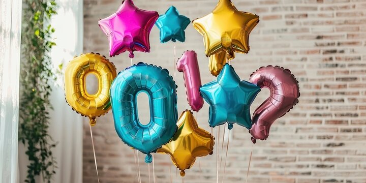 Colorful balloons floating in the air, celebrating a milestone event. - Powered by Adobe
