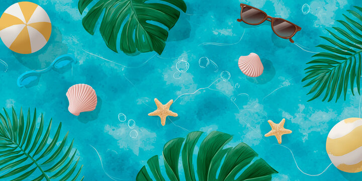 Cel-shaded summer beach pattern for June, vector art.