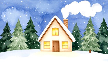 Watercolor winter scene with a cozy house