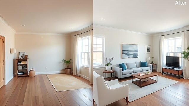 Side-by-side room transformation showing worn outdated decor versus fresh modern furnishings under soft natural lighting.