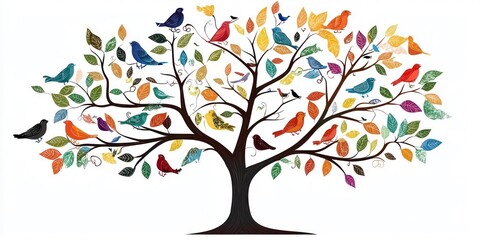 A colorful tree with birds perched on its branches, set against a white background.