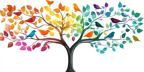 A colorful, stylized tree with birds perched on its branches, set against a white background.