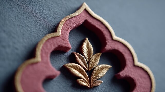Close up of embossed decorative element with floral motif in gold and muted rose on textured gray background