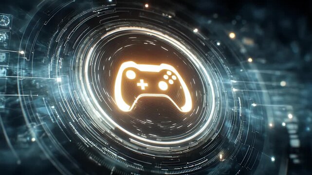 
A glowing game controller icon surrounded by digital patterns and lines, representing the technological side of gaming.