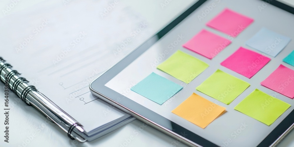 Poster a tablet with sticky notes and a pen on a notebook, indicating a planning or brainstorming session.