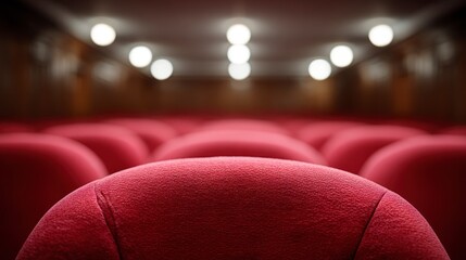 Rows of empty red velvet seats in a dimly lit auditorium with overhead lights