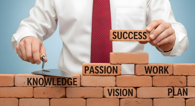 Businessman adding a brick marked "SUCCESS" to a foundational wall, representing the diligent construction of a prosperous business.