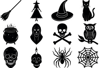 Fototapeta premium Halloween silhouettes set. haunted castles, witches, ghosts, pumpkins, spiders, skull. Collection of Halloween vector