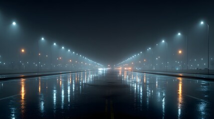 Empty city street at night with glowing streetlights reflecting on wet pavement