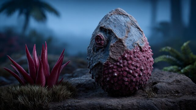 A textured spiky alien egg with a single eye rests on a rocky surface next to a crimson plant