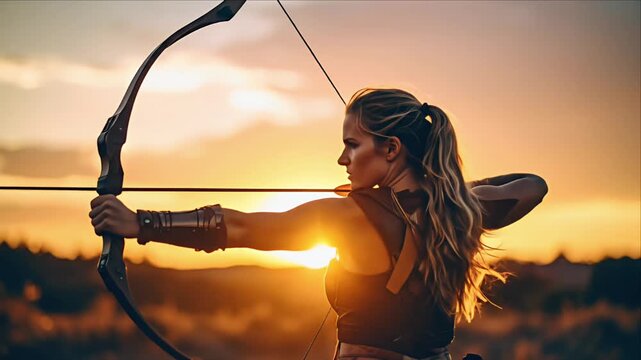 Woman archery sunset