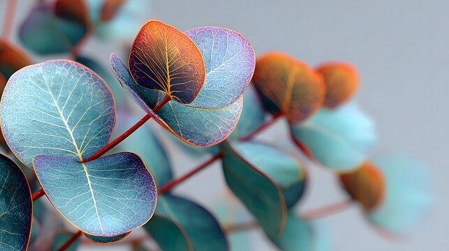 Close up of eucalyptus leaves with dew drops and soft lighting