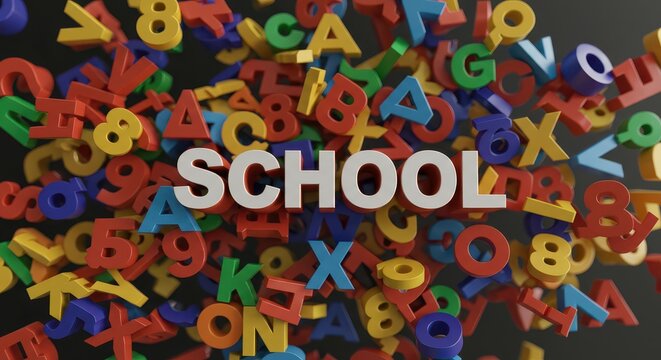 Education and Learning: A vibrant and dynamic image highlighting the word SCHOOL, with a scattered array of colorful letters and numbers in the background