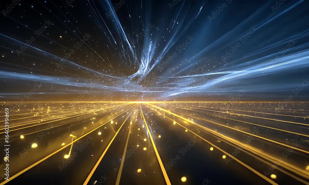 Poster a dark background with yellow and blue light streaks, creating an atmosphere of speed in the space t