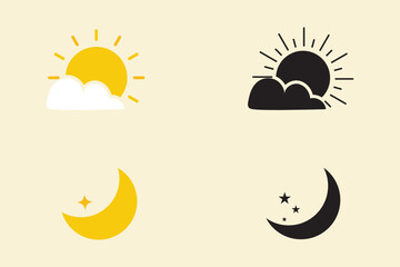Sun and moon in the morning, noon, night. Icons on a white background. Daytime transparency logo design. Black and Yellow sun and moon icon. Variety Design. 