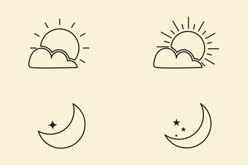 Sun and Moon icon isolated on white background. Day and night. Black color sun and moon. Vector illustration.