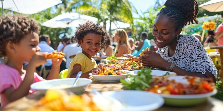A family enjoying a meal outdoors on a sunny day.