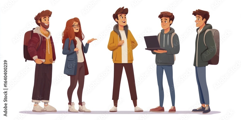 Poster a group of five animated characters, likely teenagers, standing in a row with one character holding 