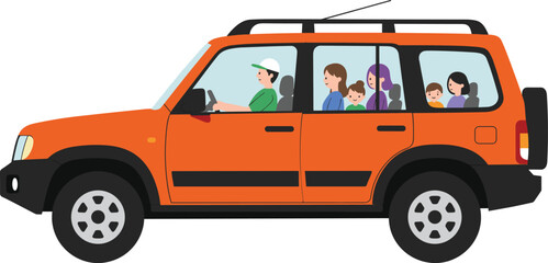 Family traveling in car on road trip, happy passengers in orange SUV, vacation drive with children and parents, cad drawing flat vector illustration