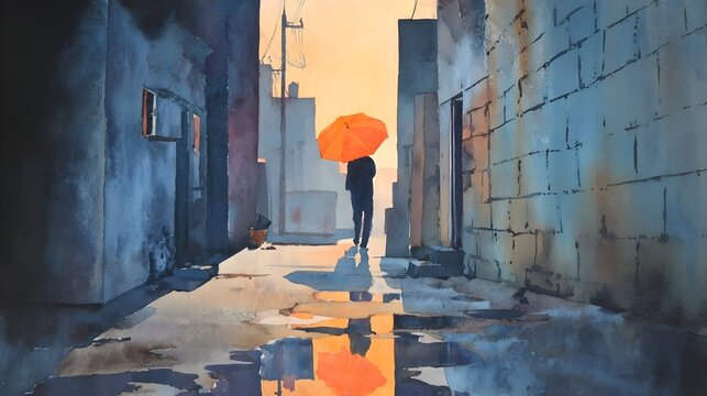 Silhouetted Person in City Alley with Orange Umbrella, Generative AI