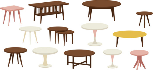 Collection of modern coffee tables, round and square wooden tables, interior furniture illustration for design, home decor, cad drawing flat vector illustration