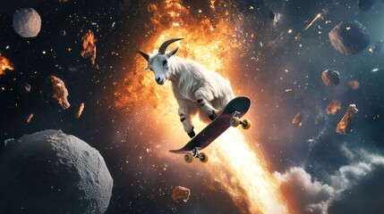 Naklejka premium A goat skateboards through space amidst an explosion of color and celestial bodies, creating a surreal and dynamic scene.